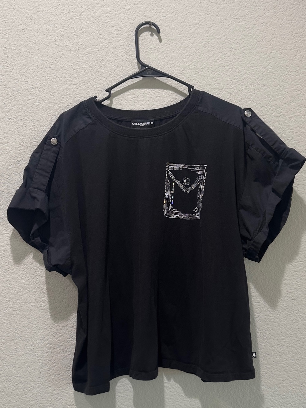 Karl Lagerfeld Black Short-Sleeve Tee with Embellished Chest Pocket